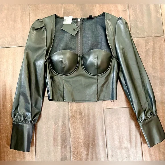 NWT NBD Black FIA Faux Leather Long Sleeve Crop Top Corset - Picture 6 of 8